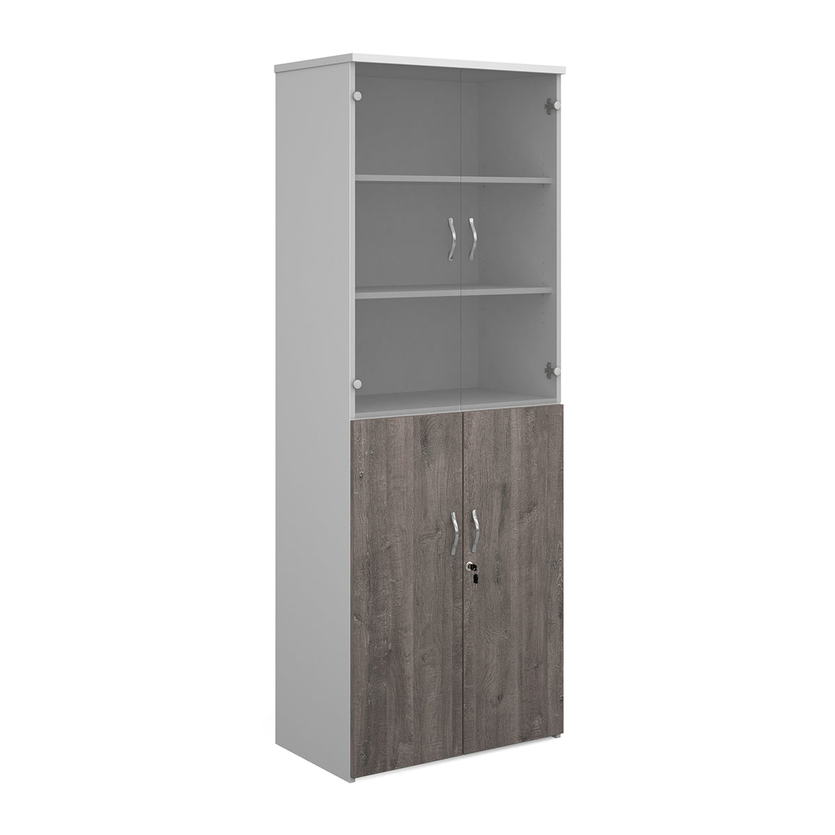 Duo combination unit with glass upper doors 2140mm high with 5 shelves - white with Grey Oak lower doors - view 1