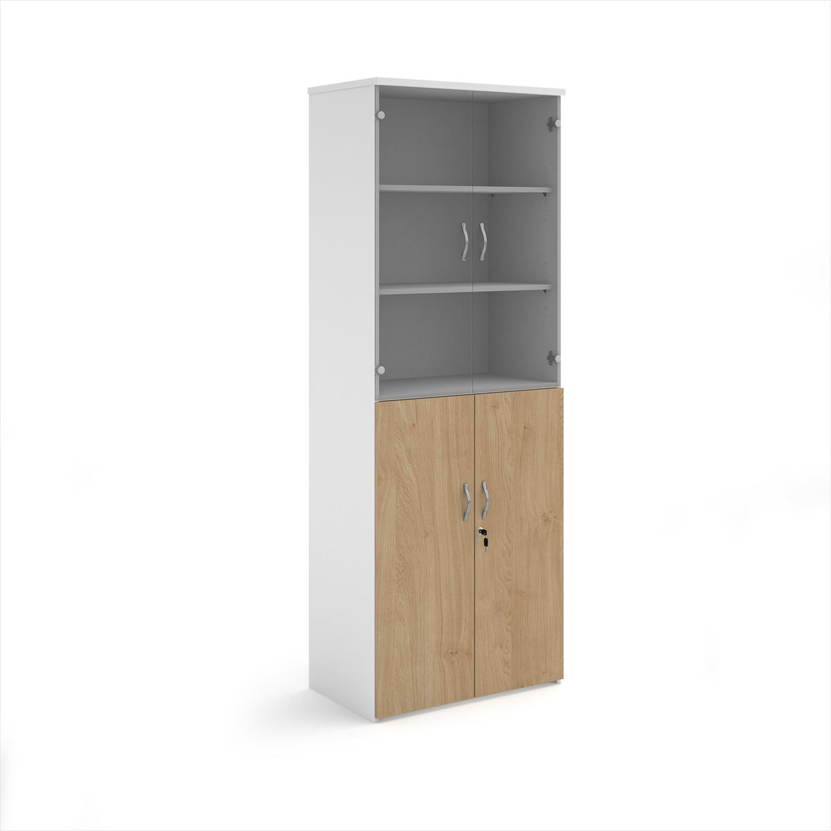 Duo combination unit with glass upper doors 2140mm high with 5 shelves - white with Kendal oak lower doors - view 1