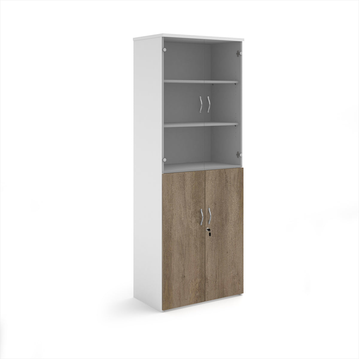 Duo combination unit with glass upper doors 2140mm high with 5 shelves - white with Nebraska oak lower doors - view 1