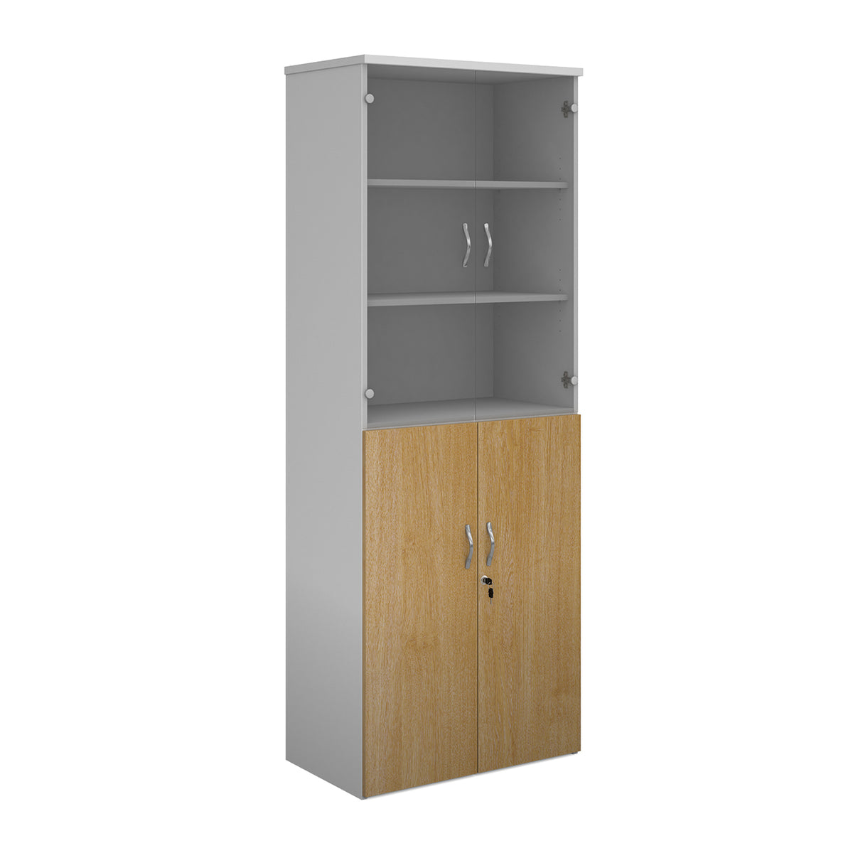 Duo combination unit with glass upper doors 2140mm high with 5 shelves - white with oak lower doors - view 1