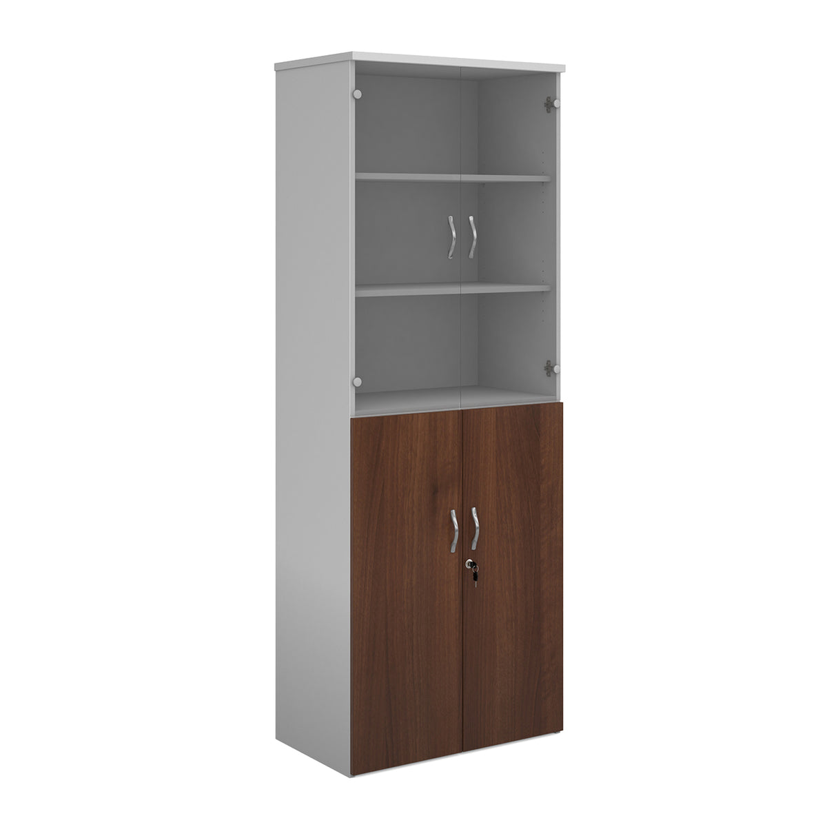 Duo combination unit with glass upper doors 2140mm high with 5 shelves - white with Walnut lower doors - view 1