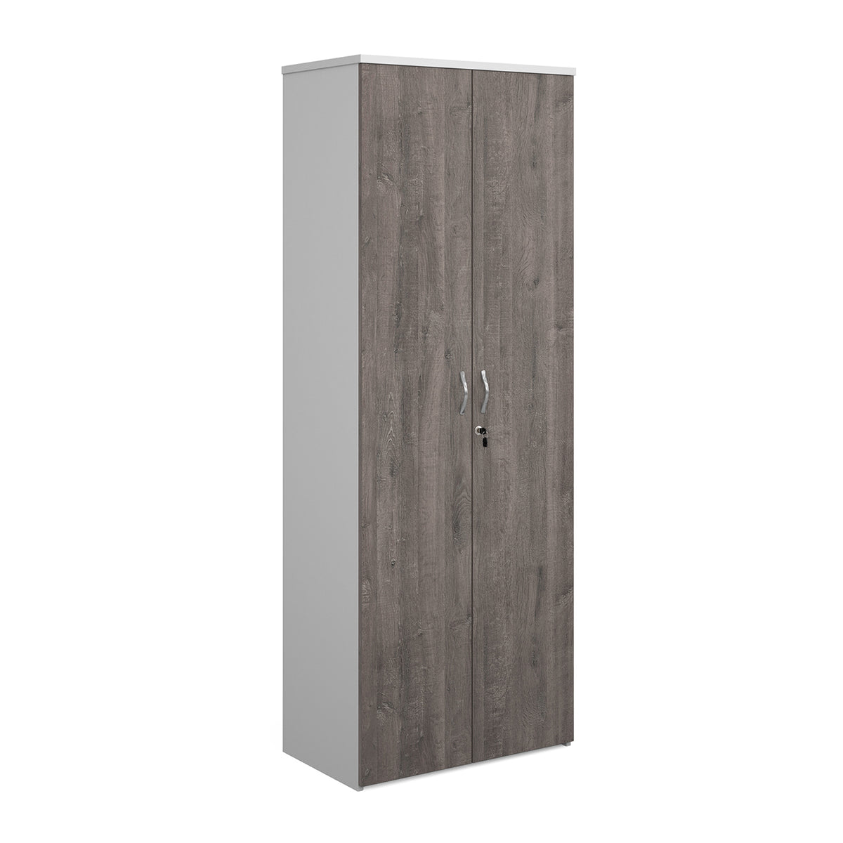 Duo double door cupboard 2140mm high with 5 shelves - white with Grey Oak doors - view 1