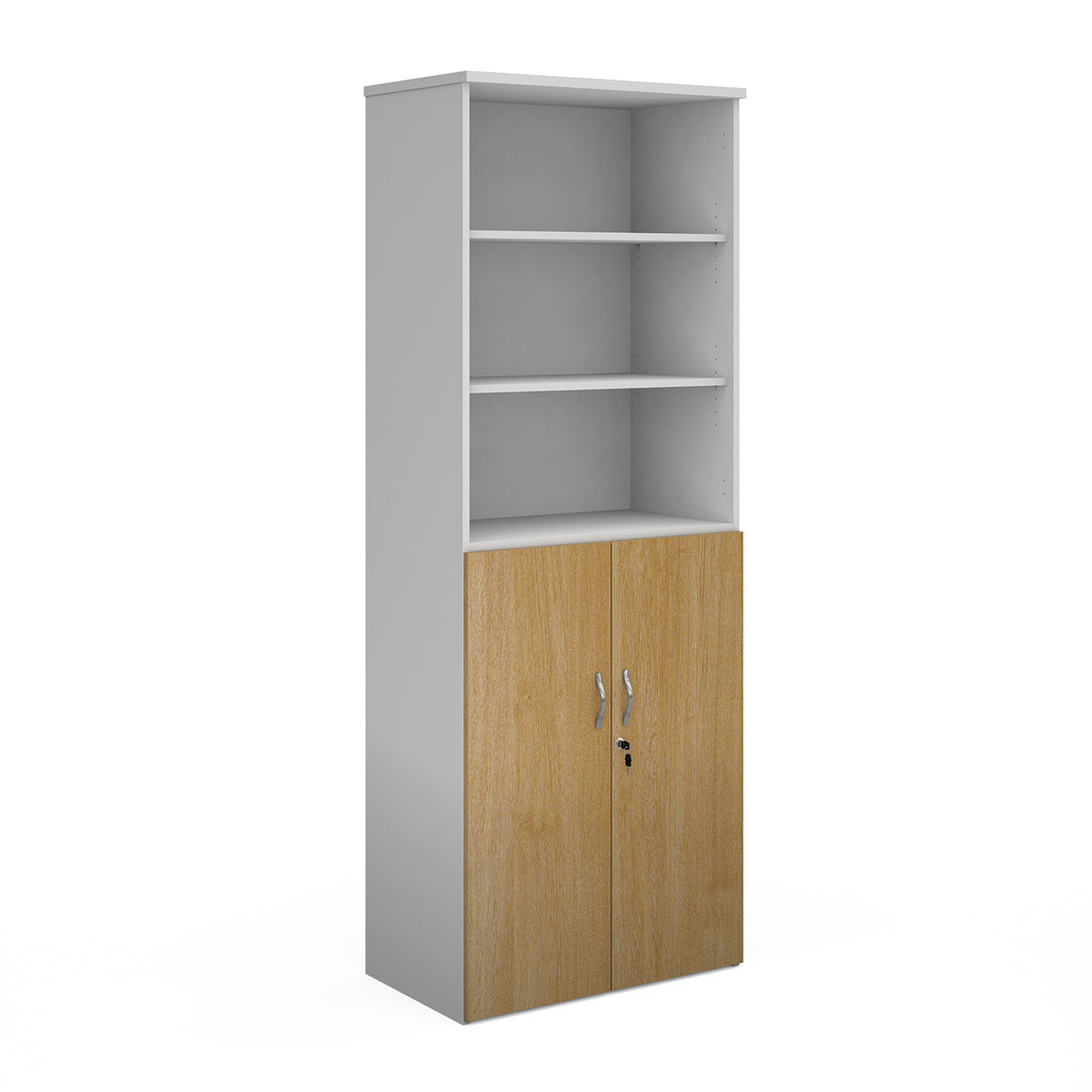 Duo combination unit with open top 2140mm high with 5 shelves - white with oak lower doors - view 1
