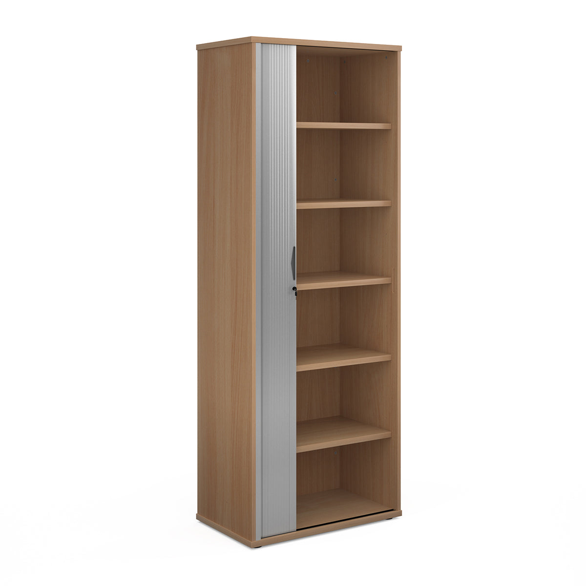 Universal single door tambour cupboard 2140mm high with 5 shelves - Beech with silver door - view 1