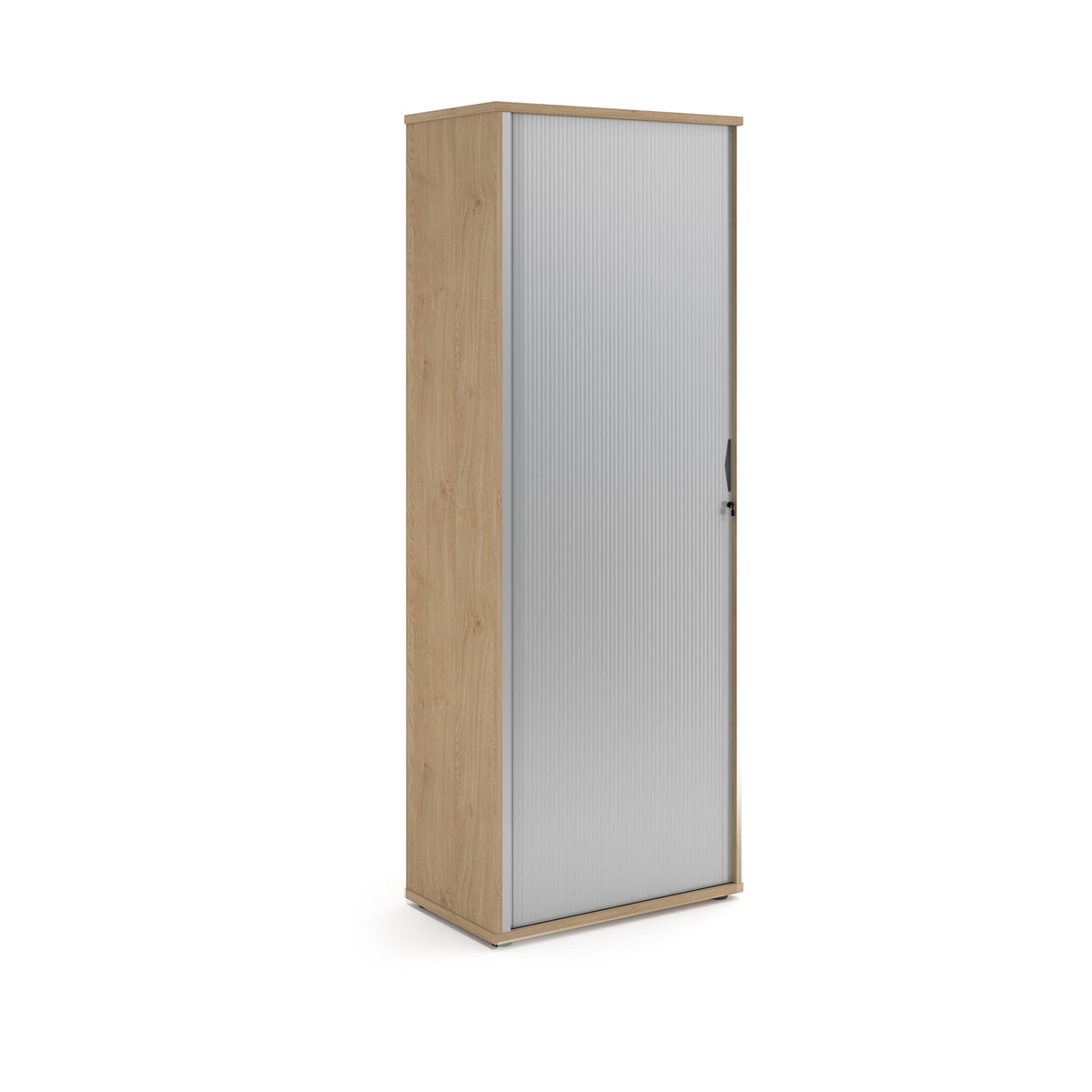 Universal single door tambour cupboard 2140mm high with 5 shelves - Kendal Oak with silver door - view 1