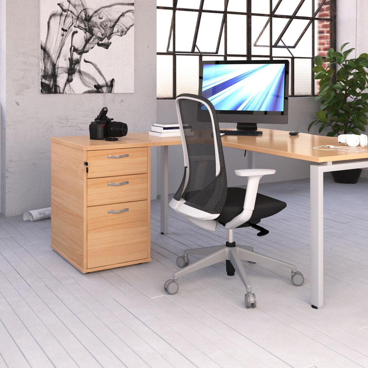 Desk high 3 drawer pedestal 600mm deep with 800mm flyover top - Beech - view 3