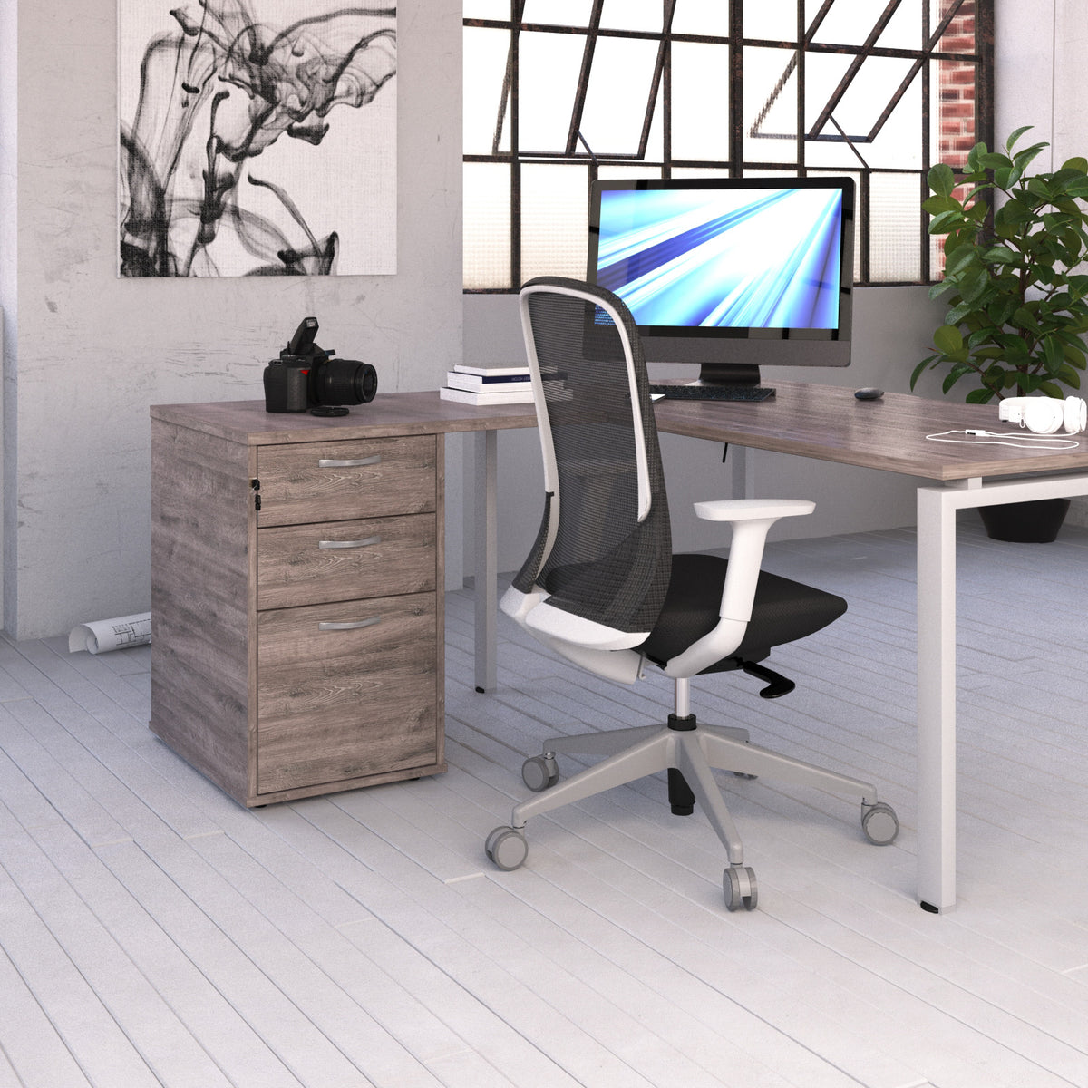 Desk high 3 drawer pedestal 600mm deep with 800mm flyover top - Grey Oak - view 3