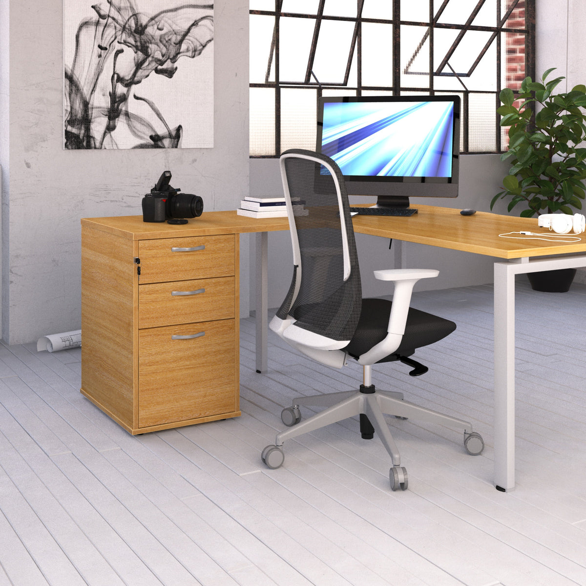 Desk high 3 drawer pedestal 600mm deep with 800mm flyover top - Kendal Oak - view 3
