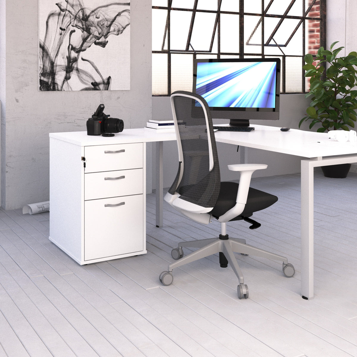 Desk high 3 drawer pedestal 600mm deep with 800mm flyover top - white - view 3