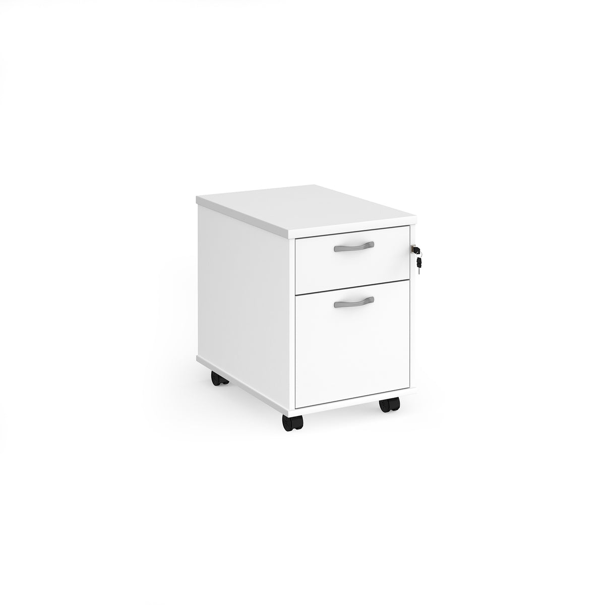Mobile 2 drawer pedestal with silver handles 600mm deep - white - view 1