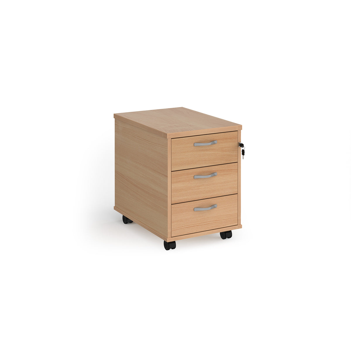 Mobile 3 drawer pedestal with silver handles 600mm deep - Beech - view 1