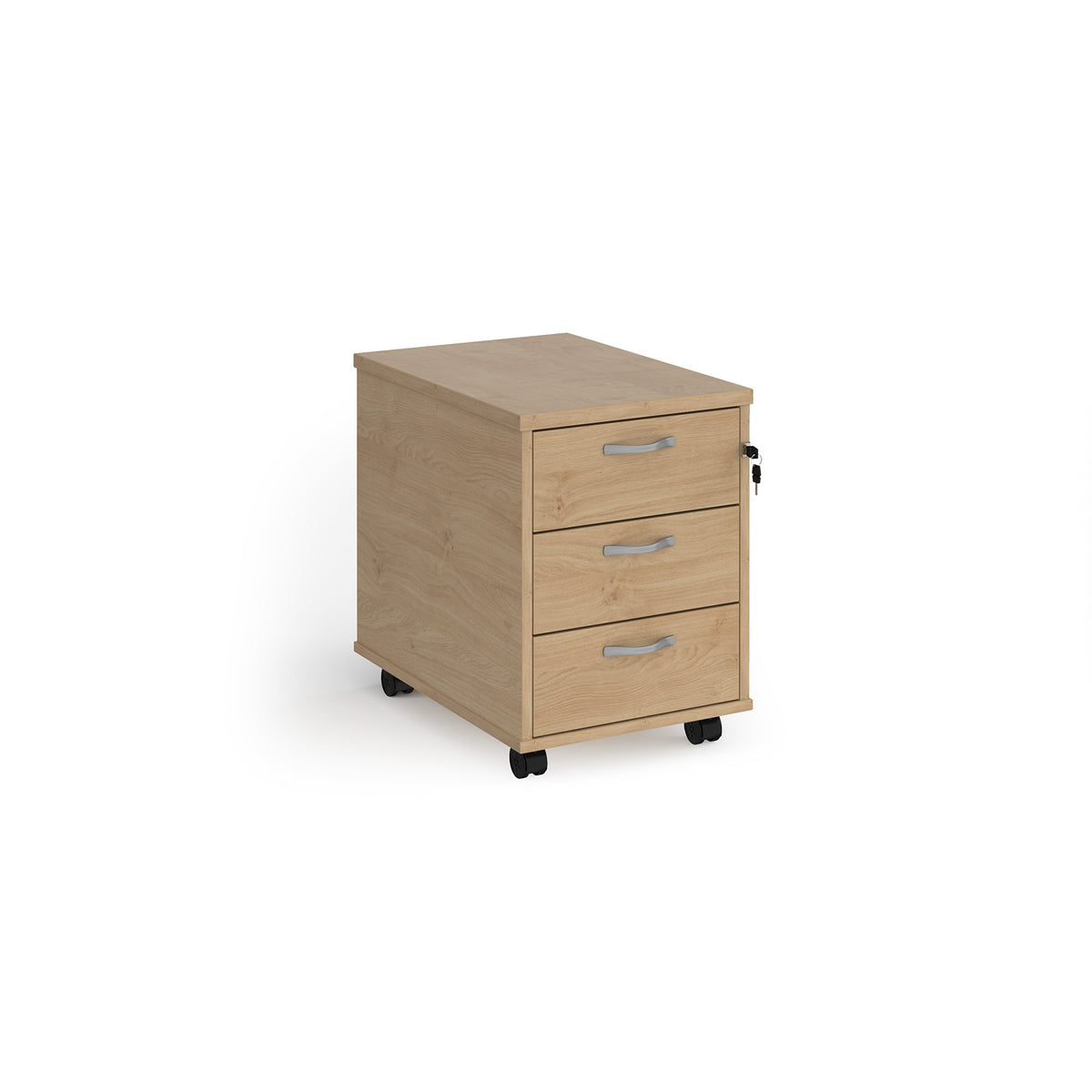 Mobile 3 drawer pedestal with silver handles 600mm deep - Kendal Oak - view 1