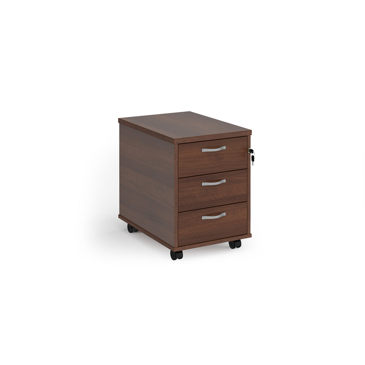Mobile 3 drawer pedestal with silver handles 600mm deep - Walnut - view 1