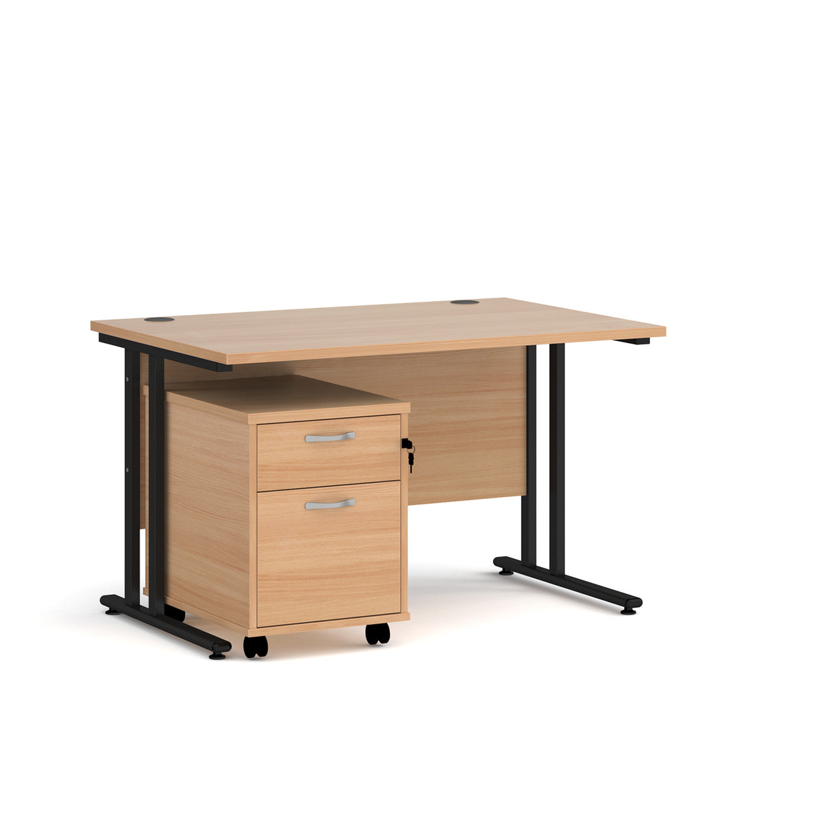 Maestro 25 straight desk 1200mm x 800mm with black cantilever frame and 2 drawer pedestal - Beech - view 1