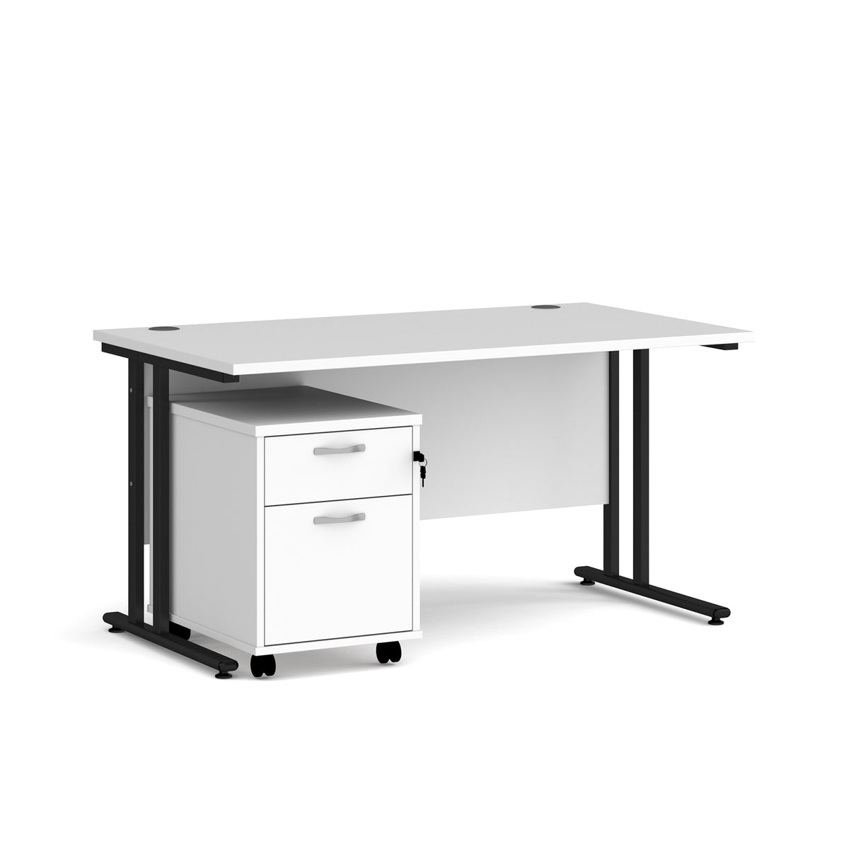 Maestro 25 straight desk 1400mm x 800mm with black cantilever frame and 2 drawer pedestal - white - view 1