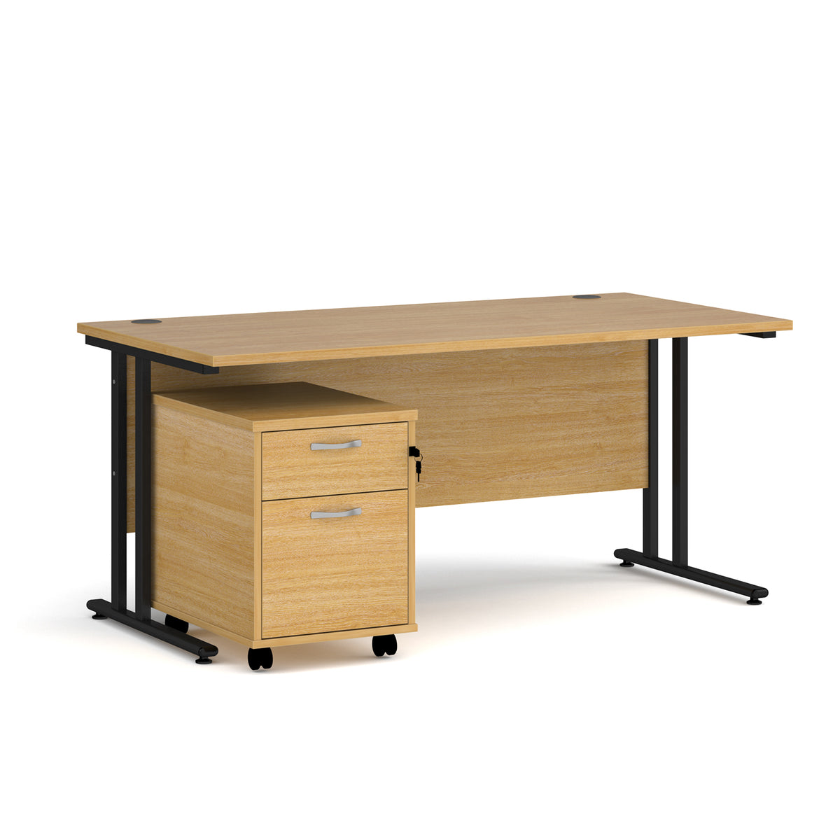 Maestro 25 straight desk 1600mm x 800mm with black cantilever frame and 2 drawer pedestal - oak - view 1