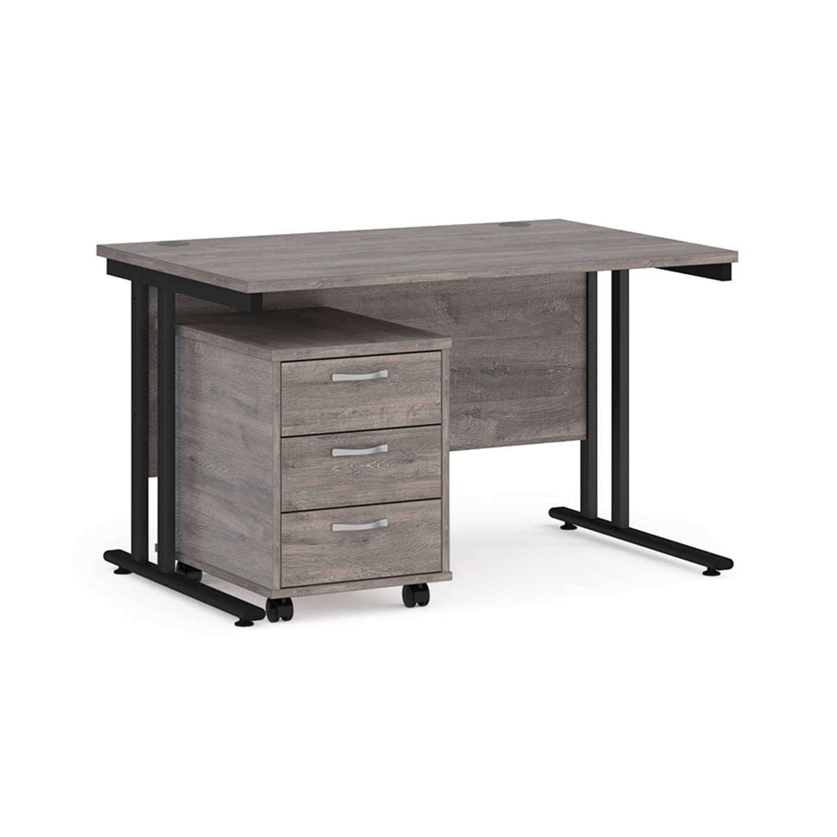 Maestro 25 straight desk 1200mm x 800mm with black cantilever frame and 3 drawer pedestal - Grey Oak - view 1