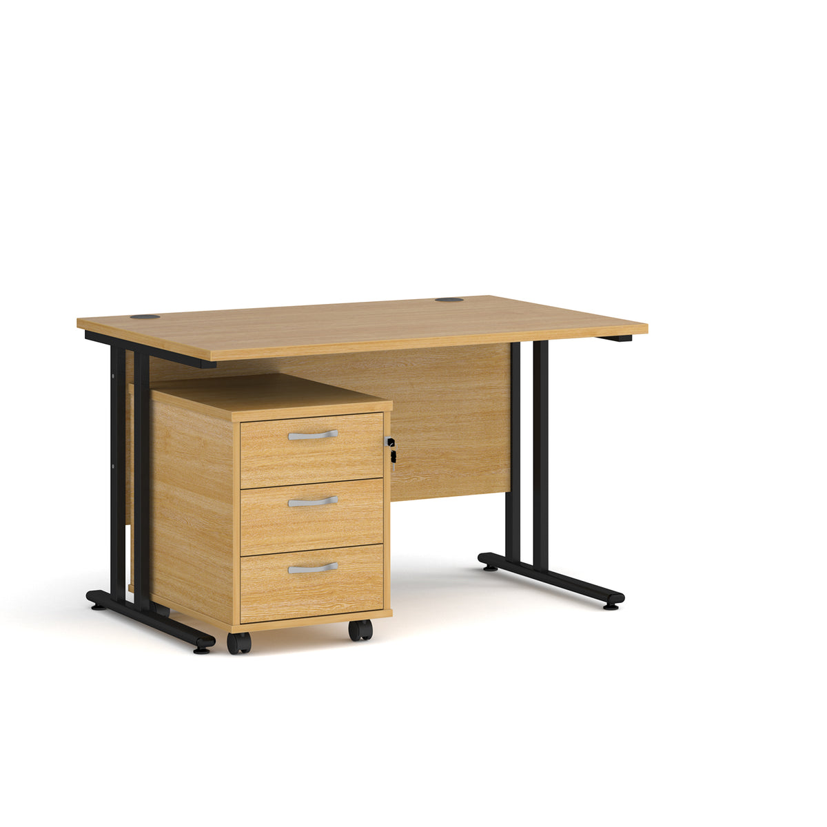 Maestro 25 straight desk 1200mm x 800mm with black cantilever frame and 3 drawer pedestal - oak - view 1