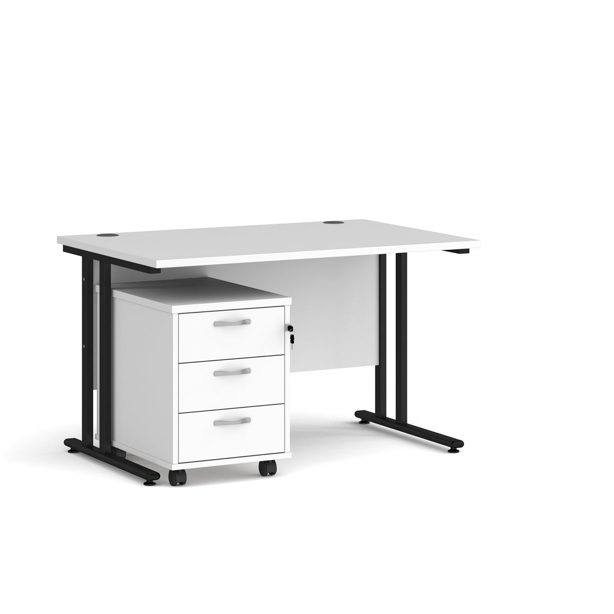Maestro 25 straight desk 1200mm x 800mm with black cantilever frame and 3 drawer pedestal - white - view 1