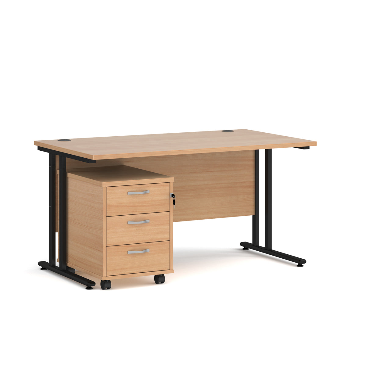 Maestro 25 straight desk 1400mm x 800mm with black cantilever frame and 3 drawer pedestal - Beech - view 1