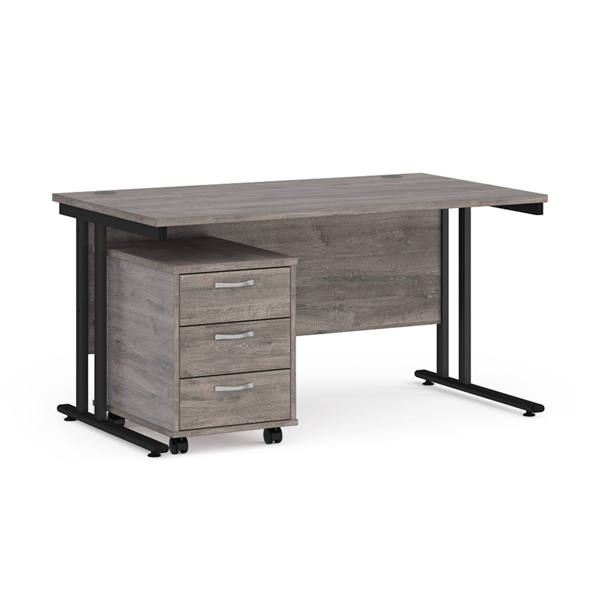 Maestro 25 straight desk 1400mm x 800mm with black cantilever frame and 3 drawer pedestal - Grey Oak - view 1