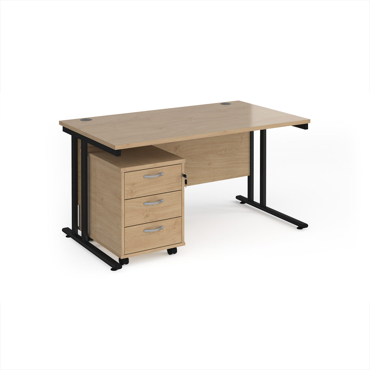 Maestro 25 straight desk 1400mm x 800mm with black cantilever frame and 3 drawer pedestal - Kendal Oak - view 1