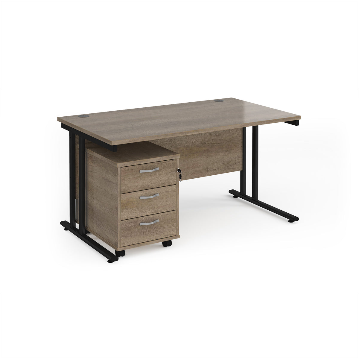Maestro 25 straight desk 1400mm x 800mm with black cantilever frame and 3 drawer pedestal - Nebraska Oak - view 1