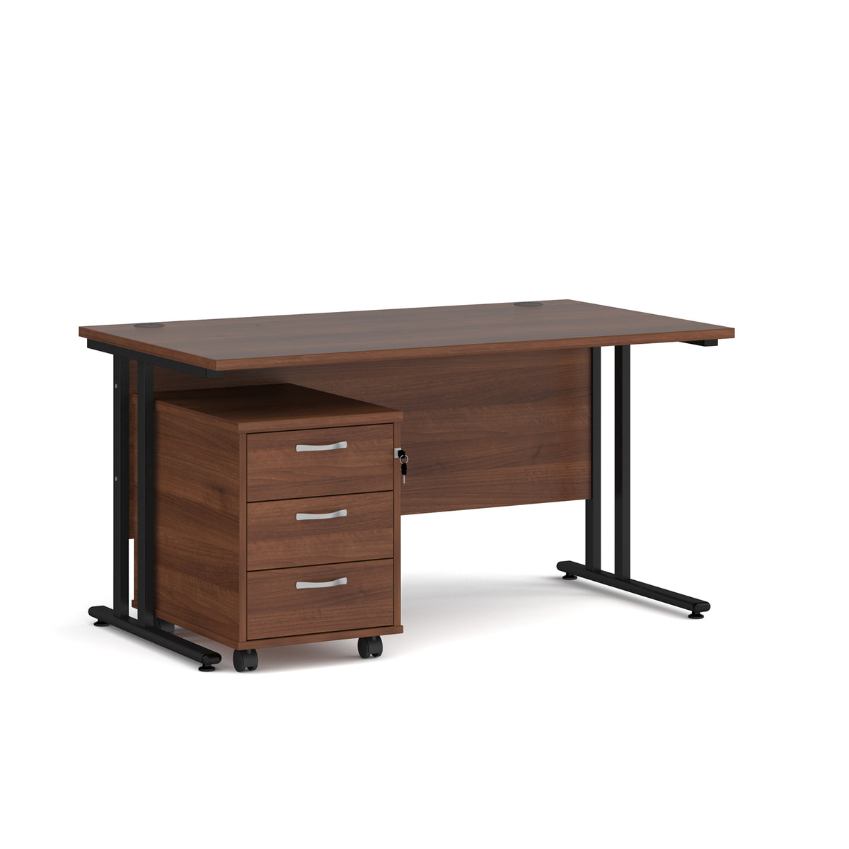 Maestro 25 straight desk 1400mm x 800mm with black cantilever frame and 3 drawer pedestal - Walnut - view 1