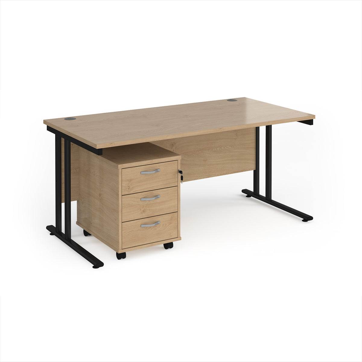 Maestro 25 straight desk 1600mm x 800mm with black cantilever frame and 3 drawer pedestal - Kendal Oak - view 1