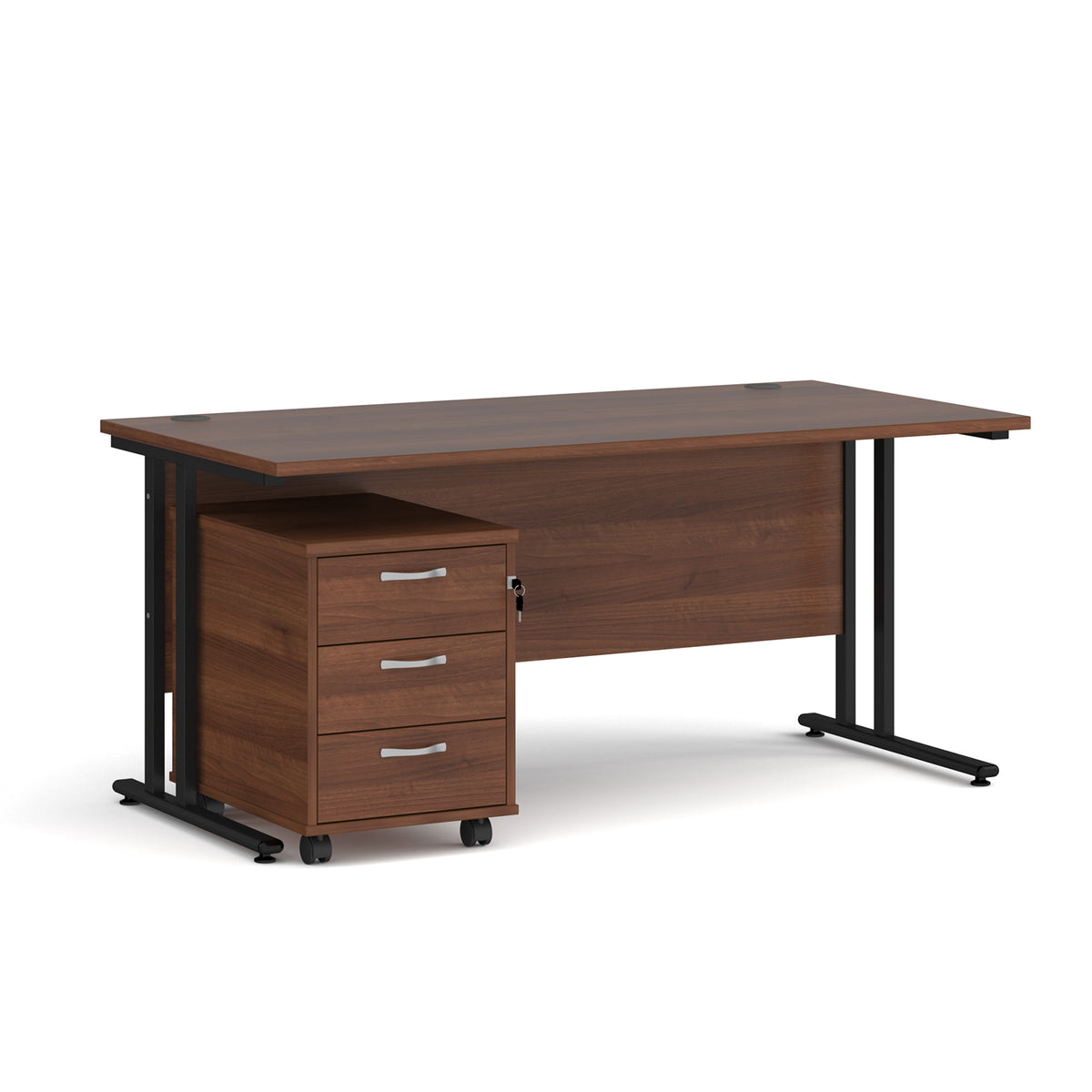 Maestro 25 straight desk 1600mm x 800mm with black cantilever frame and 3 drawer pedestal - Walnut - view 1