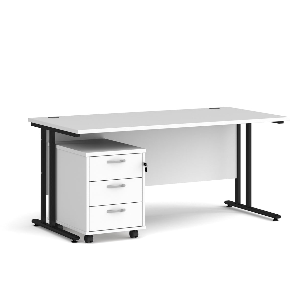 Maestro 25 straight desk 1600mm x 800mm with black cantilever frame and 3 drawer pedestal - white - view 1
