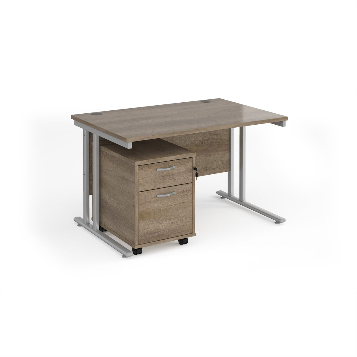 Maestro 25 straight desk 1200mm x 800mm with silver cantilever frame and 2 drawer pedestal - Nebraska Oak - view 1