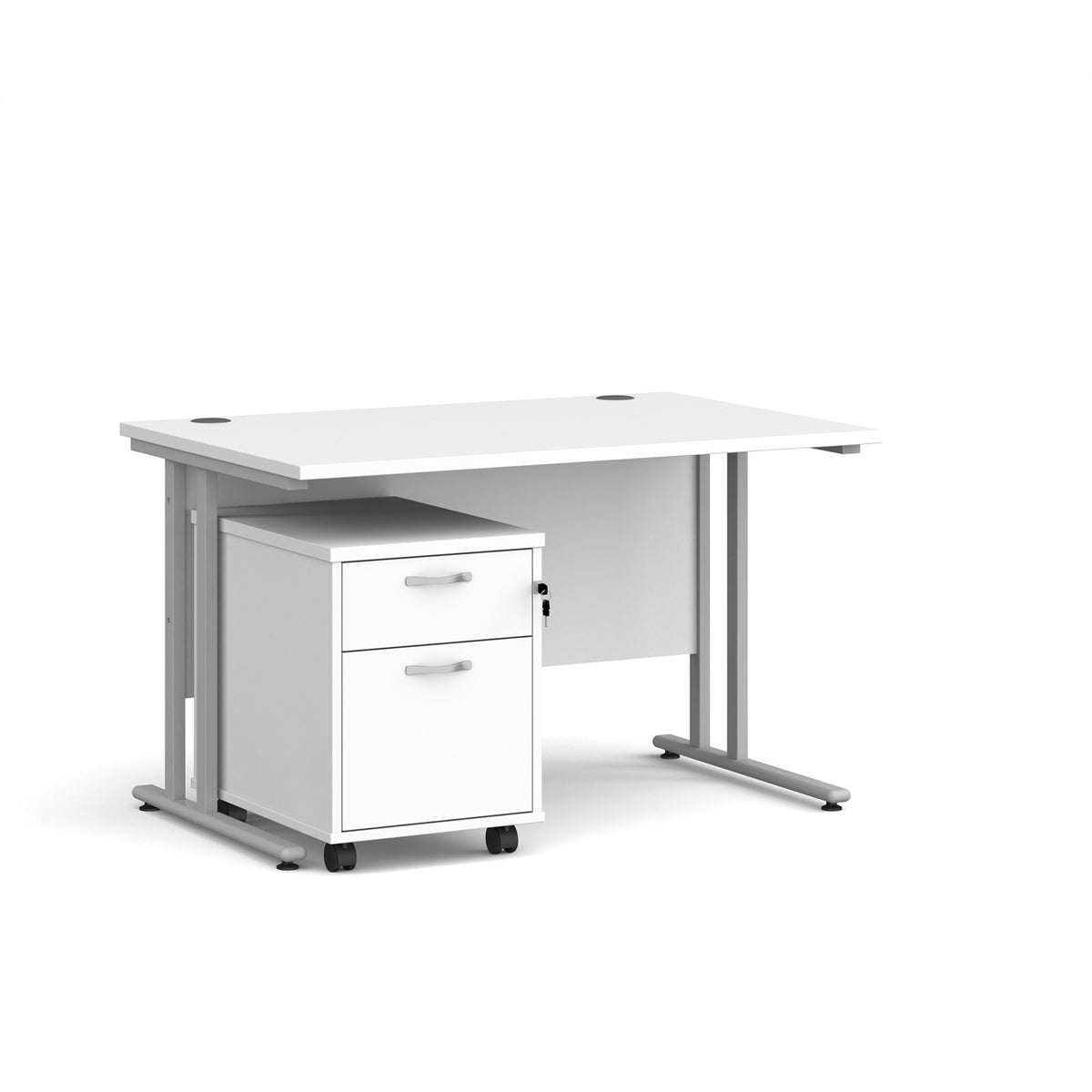 Maestro 25 straight desk 1200mm x 800mm with silver cantilever frame and 2 drawer pedestal - white - view 1