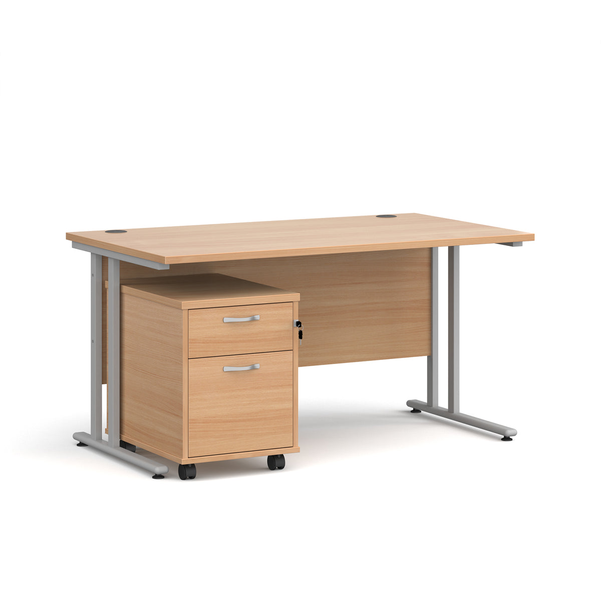Maestro 25 straight desk 1400mm x 800mm with silver cantilever frame and 2 drawer pedestal - Beech - view 1