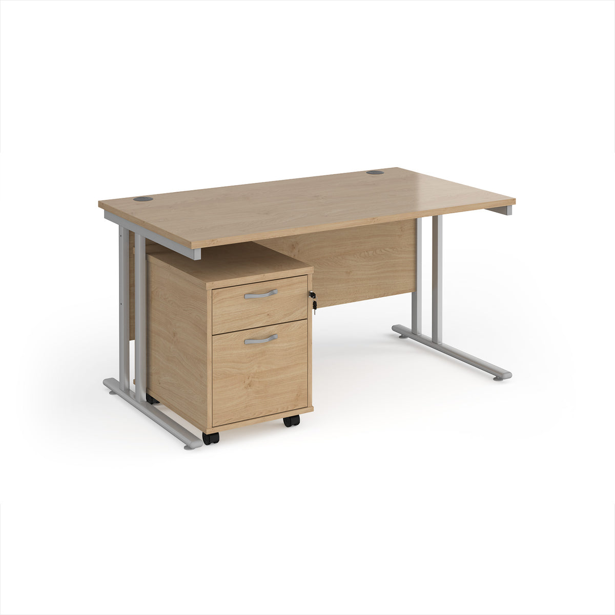Maestro 25 straight desk 1400mm x 800mm with silver cantilever frame and 2 drawer pedestal - Kendal Oak - view 1