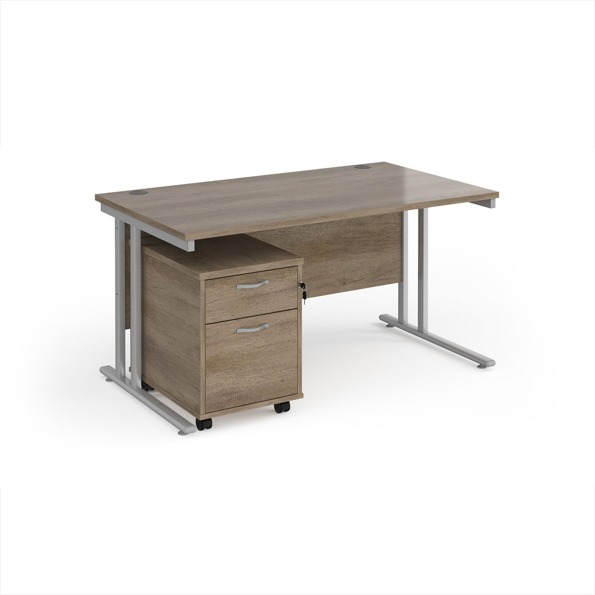 Maestro 25 straight desk 1400mm x 800mm with silver cantilever frame and 2 drawer pedestal - Nebraska Oak - view 1