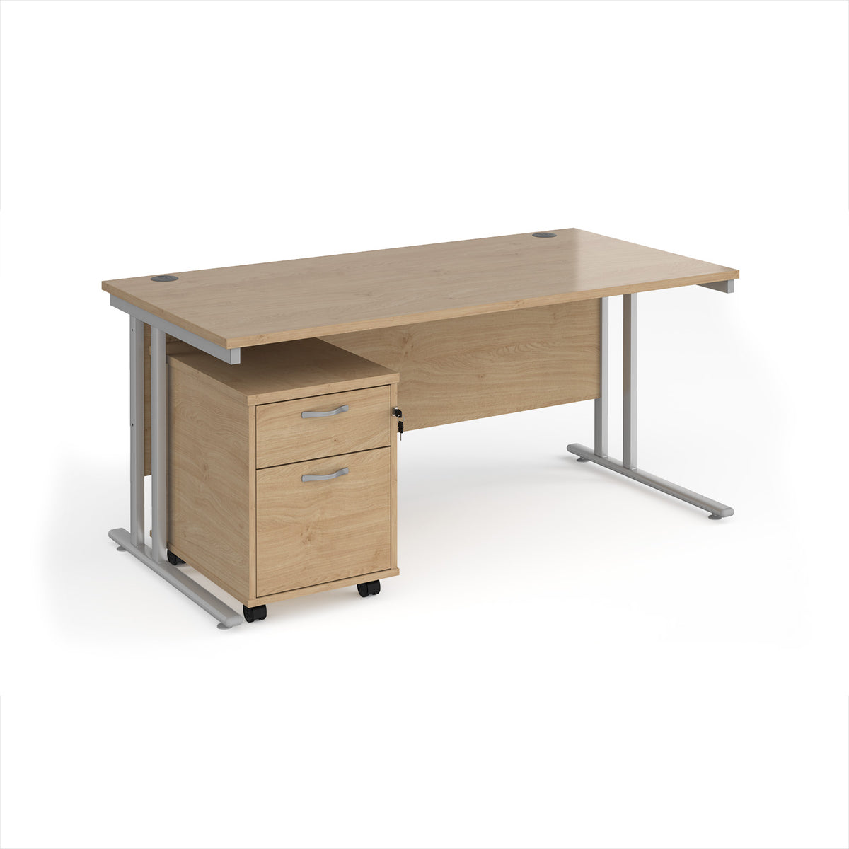 Maestro 25 straight desk 1600mm x 800mm with silver cantilever frame and 2 drawer pedestal - Kendal Oak - view 1