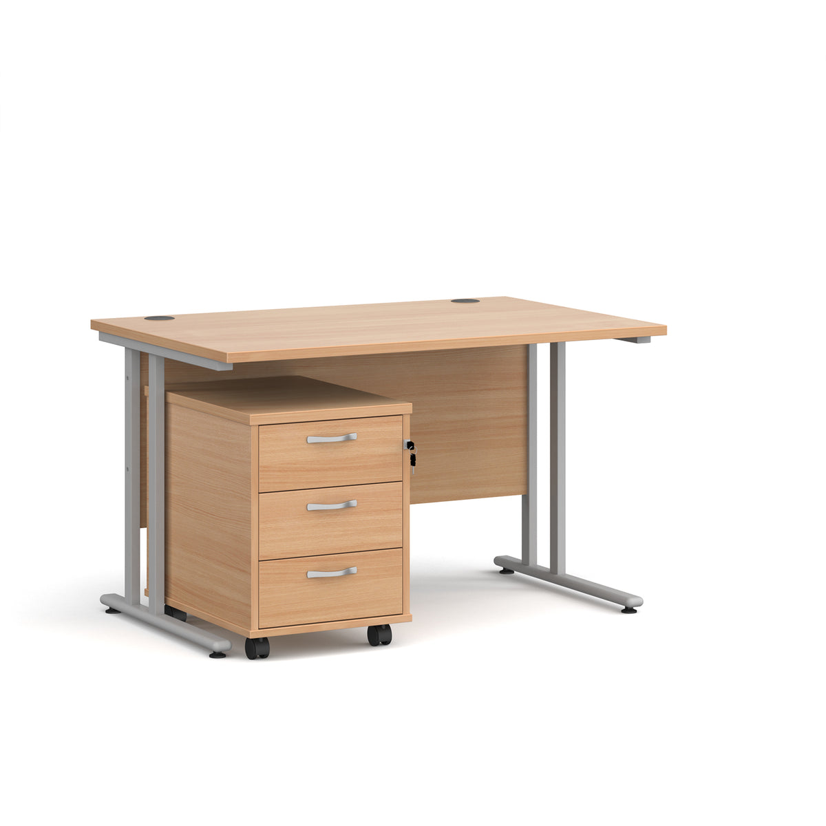 Maestro 25 straight desk 1200mm x 800mm with silver cantilever frame and 3 drawer pedestal - Beech - view 1