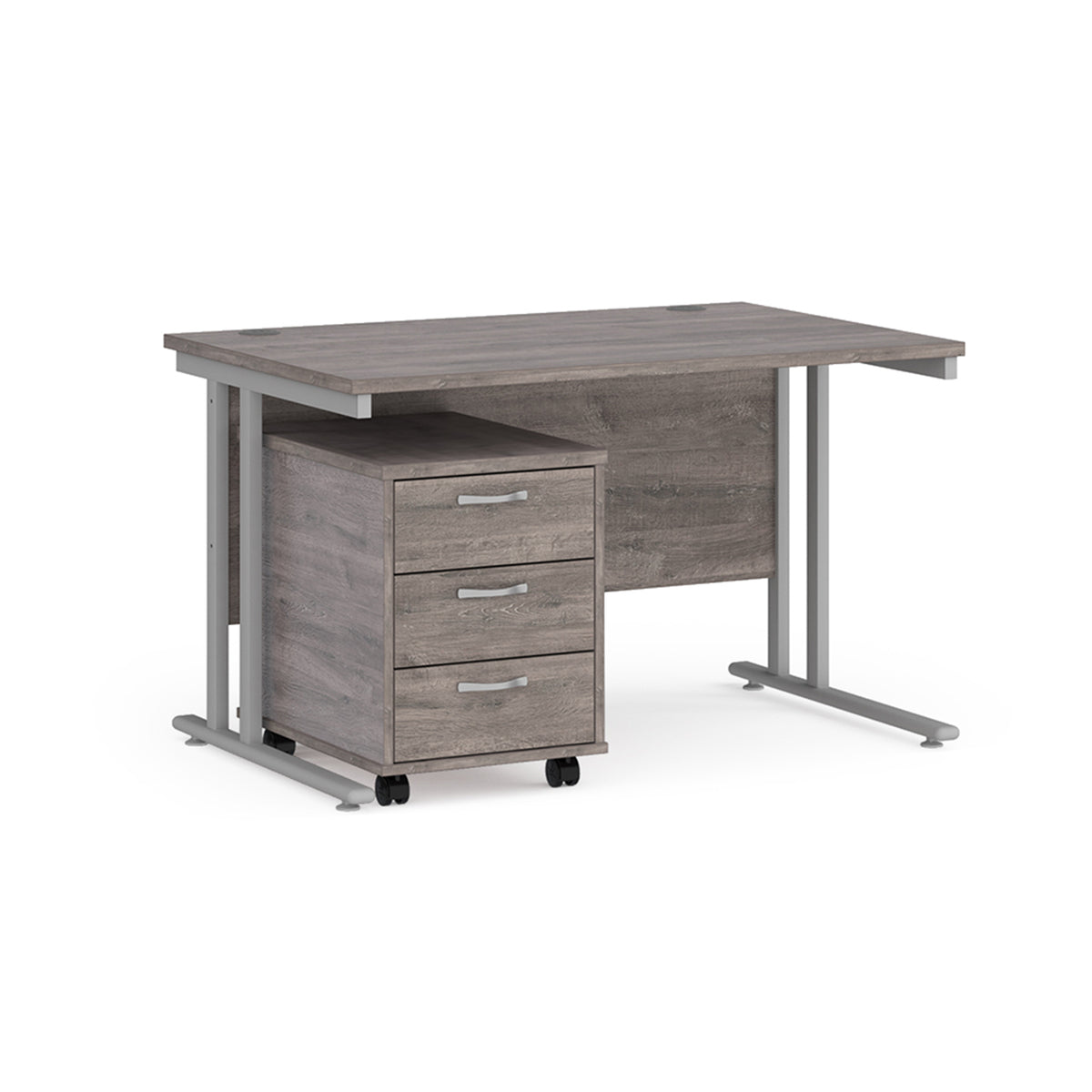 Maestro 25 straight desk 1200mm x 800mm with silver cantilever frame and 3 drawer pedestal - Grey Oak - view 1