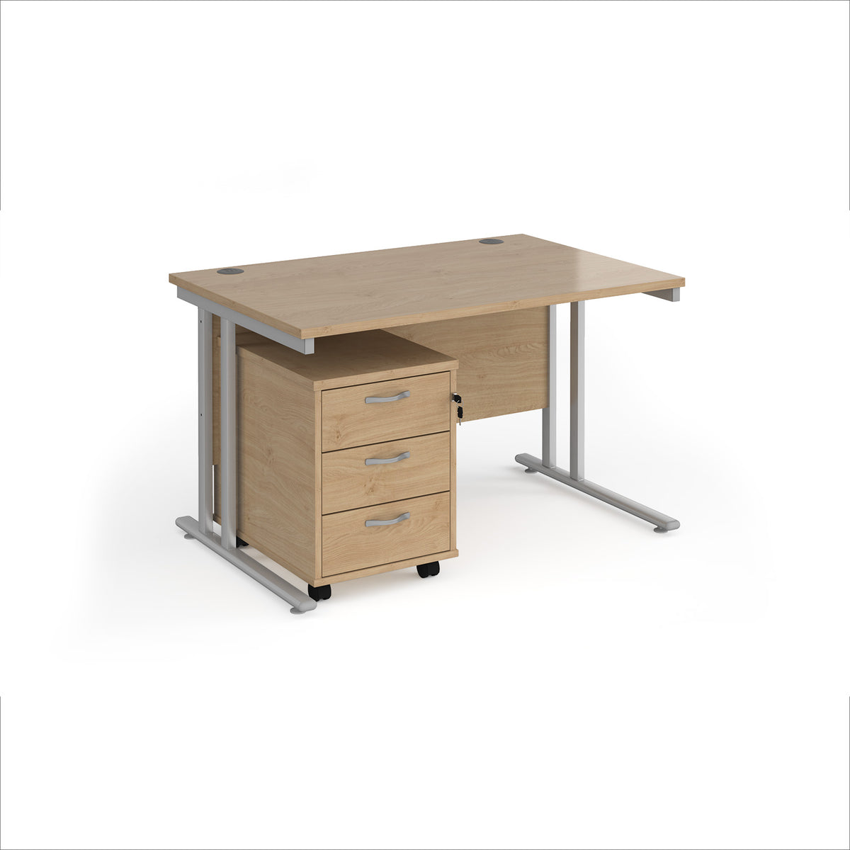 Maestro 25 straight desk 1200mm x 800mm with silver cantilever frame and 3 drawer pedestal - Kendal Oak - view 1