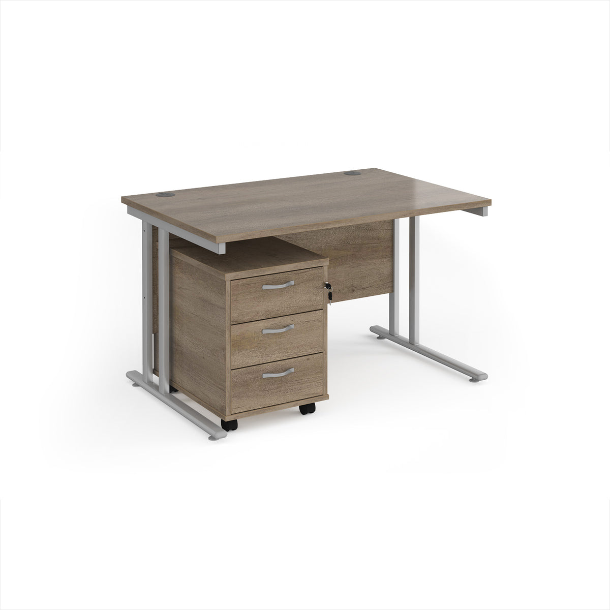 Maestro 25 straight desk 1200mm x 800mm with silver cantilever frame and 3 drawer pedestal - Nebraska Oak - view 1