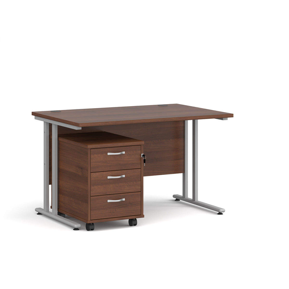 Maestro 25 straight desk 1200mm x 800mm with silver cantilever frame and 3 drawer pedestal - Walnut - view 1