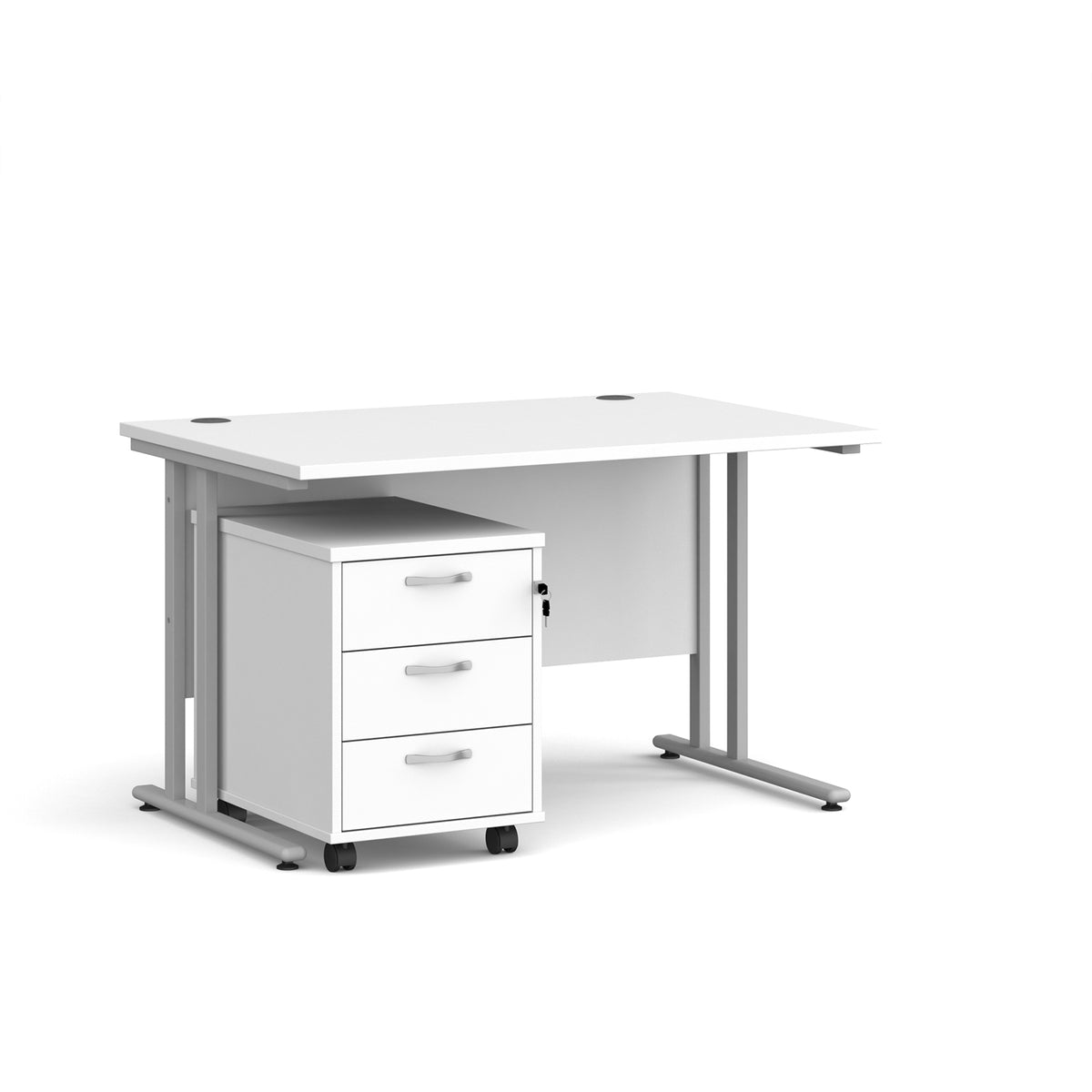 Maestro 25 straight desk 1200mm x 800mm with silver cantilever frame and 3 drawer pedestal - white - view 1