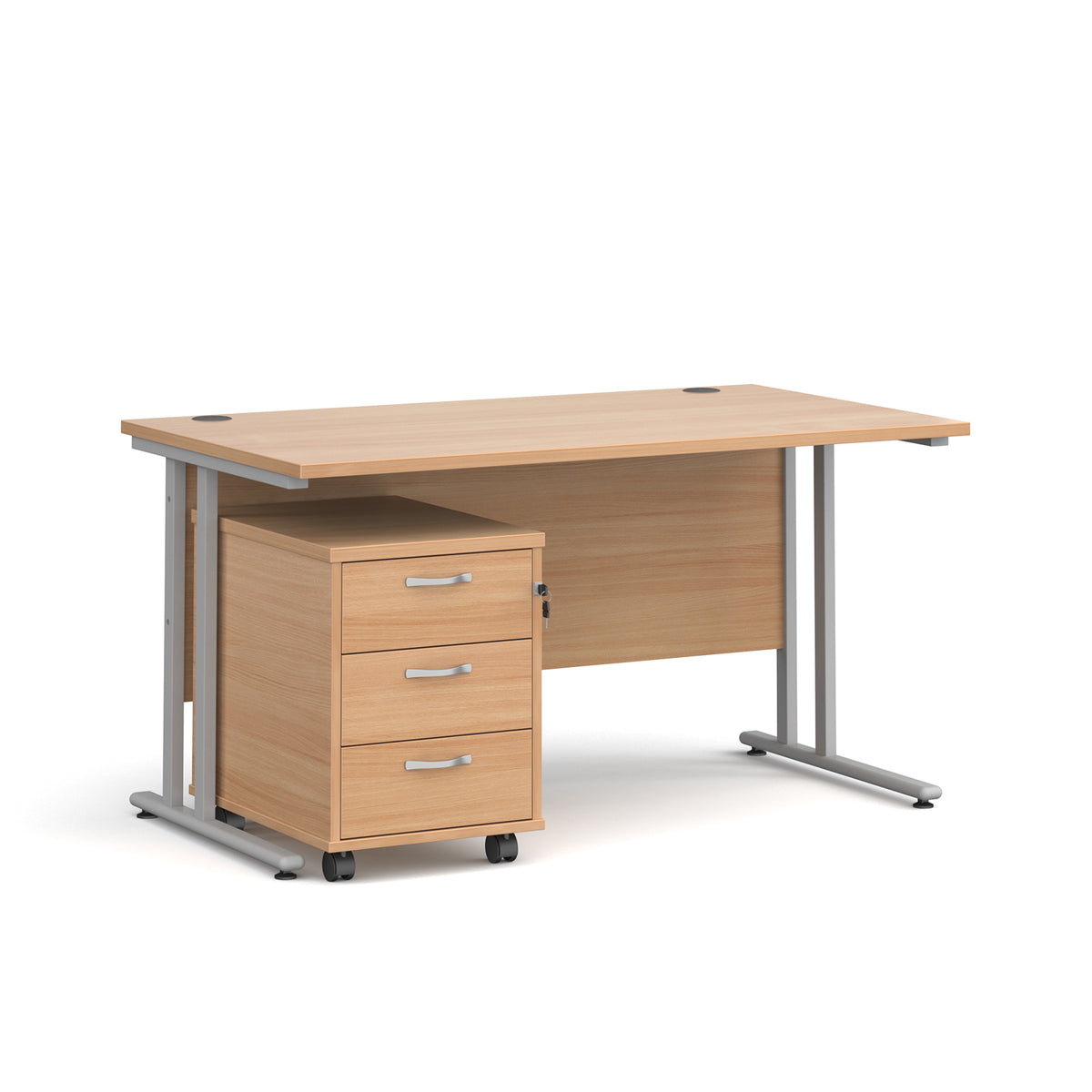 Maestro 25 straight desk 1400mm x 800mm with silver cantilever frame and 3 drawer pedestal - Beech - view 1