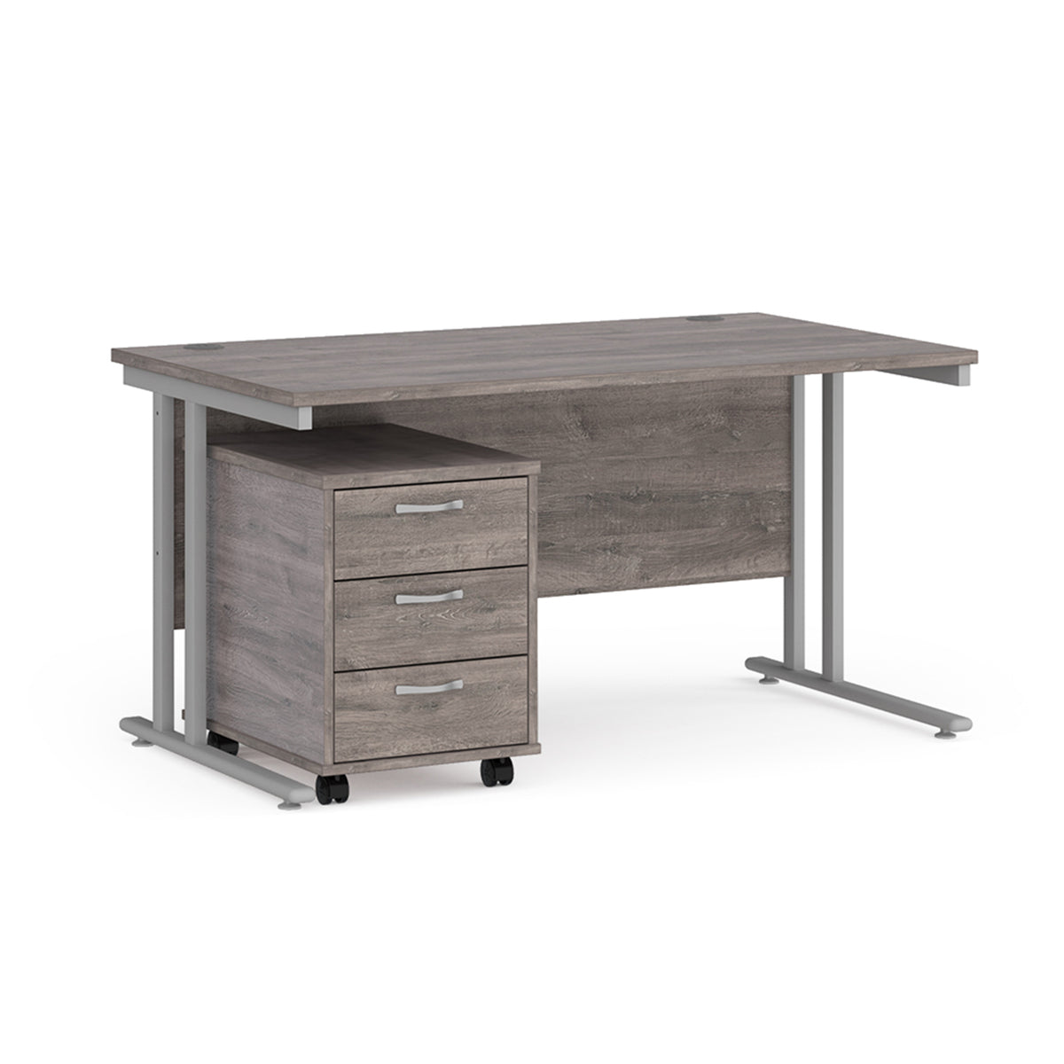 Maestro 25 straight desk 1400mm x 800mm with silver cantilever frame and 3 drawer pedestal - Grey Oak - view 1