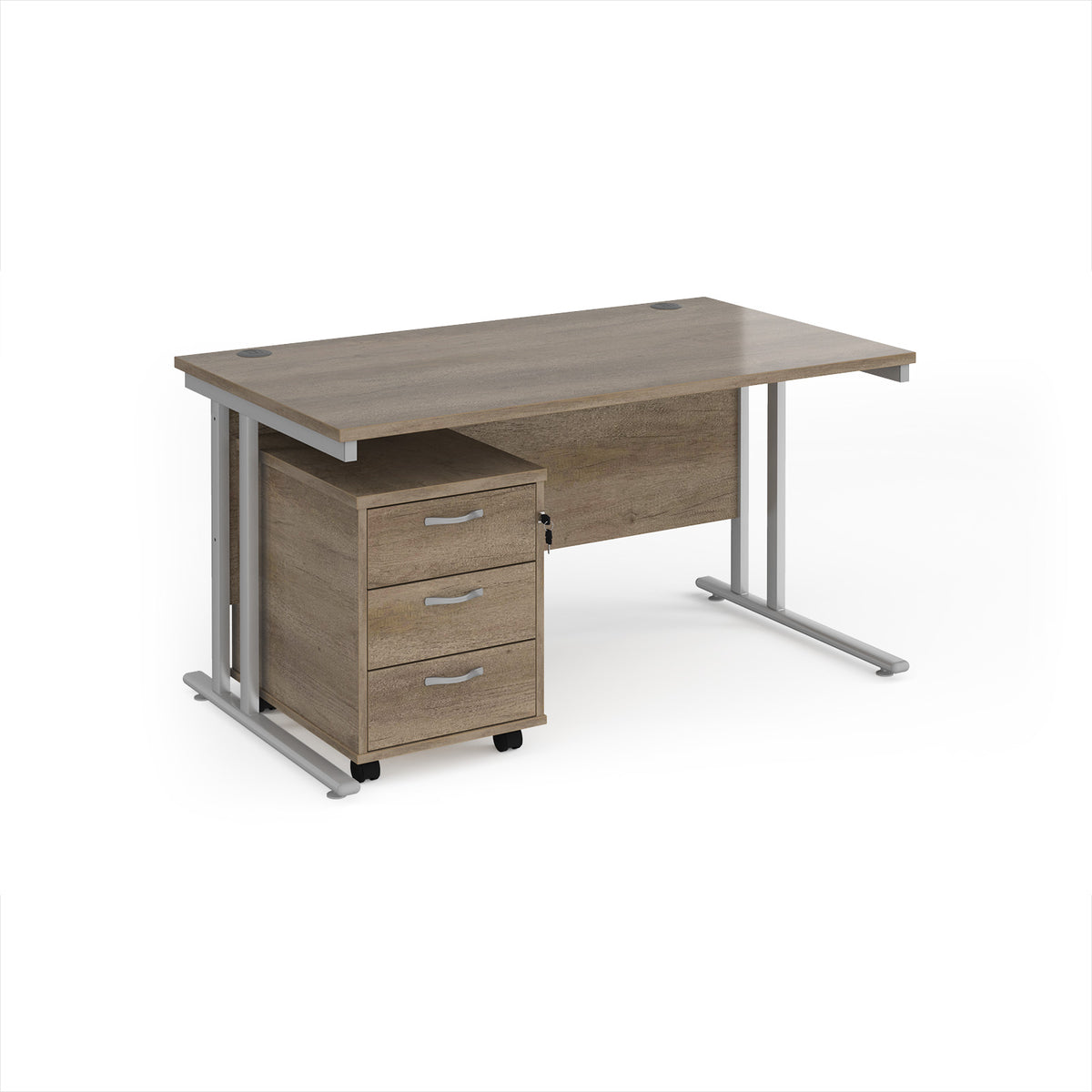 Maestro 25 straight desk 1400mm x 800mm with silver cantilever frame and 3 drawer pedestal - Nebraska Oak - view 1