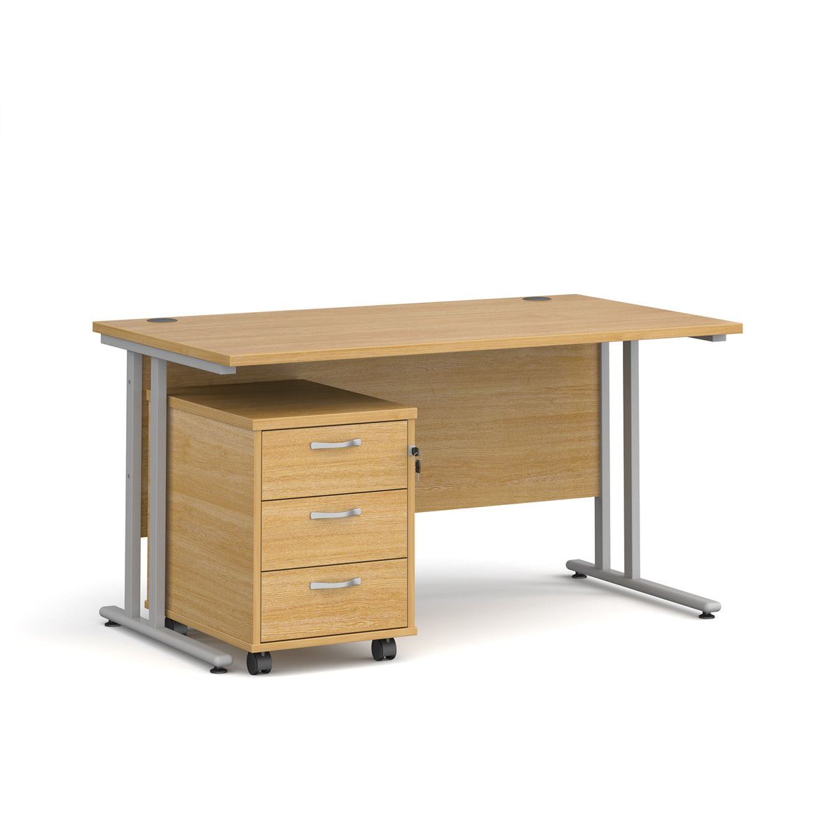 Maestro 25 straight desk 1400mm x 800mm with silver cantilever frame and 3 drawer pedestal - oak - view 1