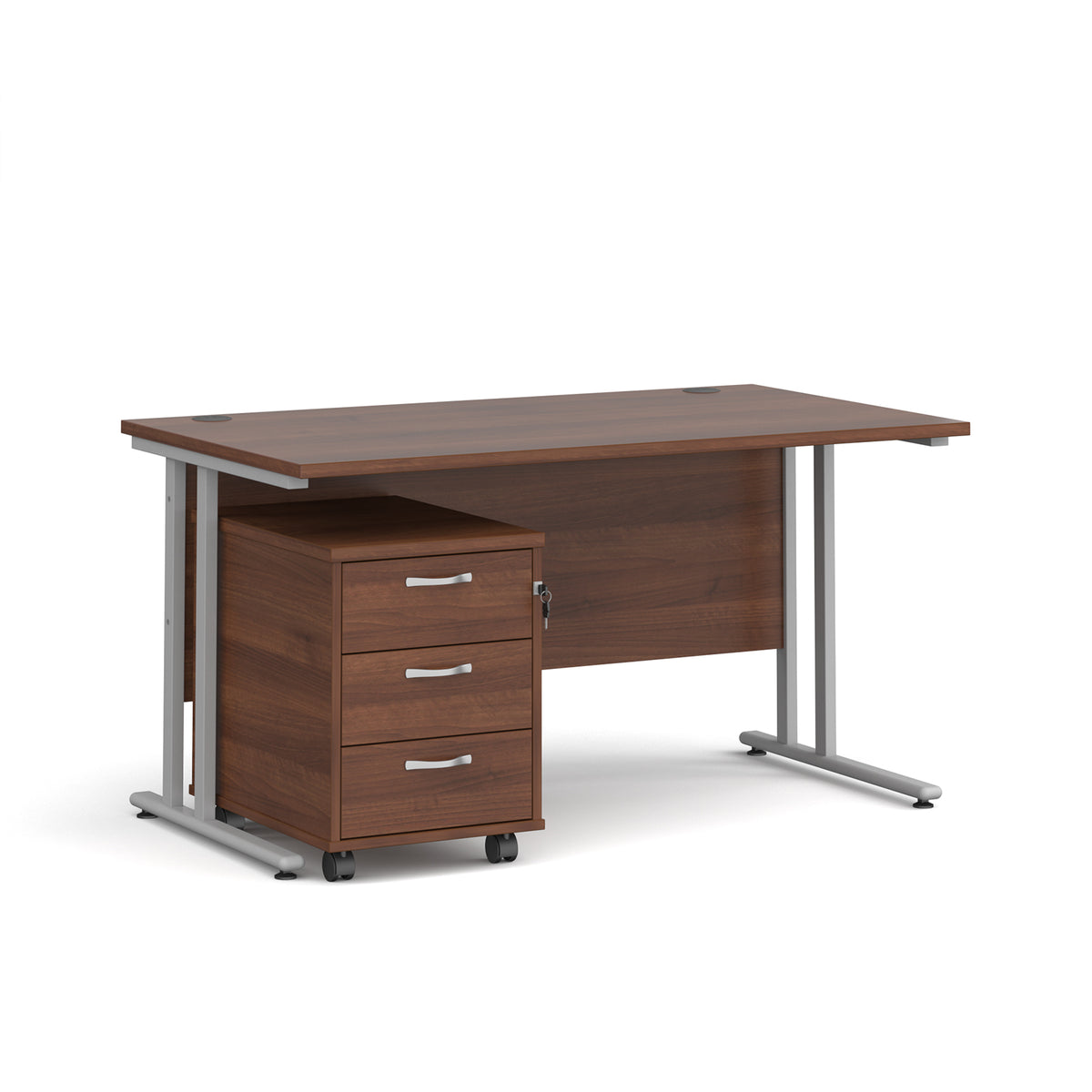 Maestro 25 straight desk 1400mm x 800mm with silver cantilever frame and 3 drawer pedestal - Walnut - view 1