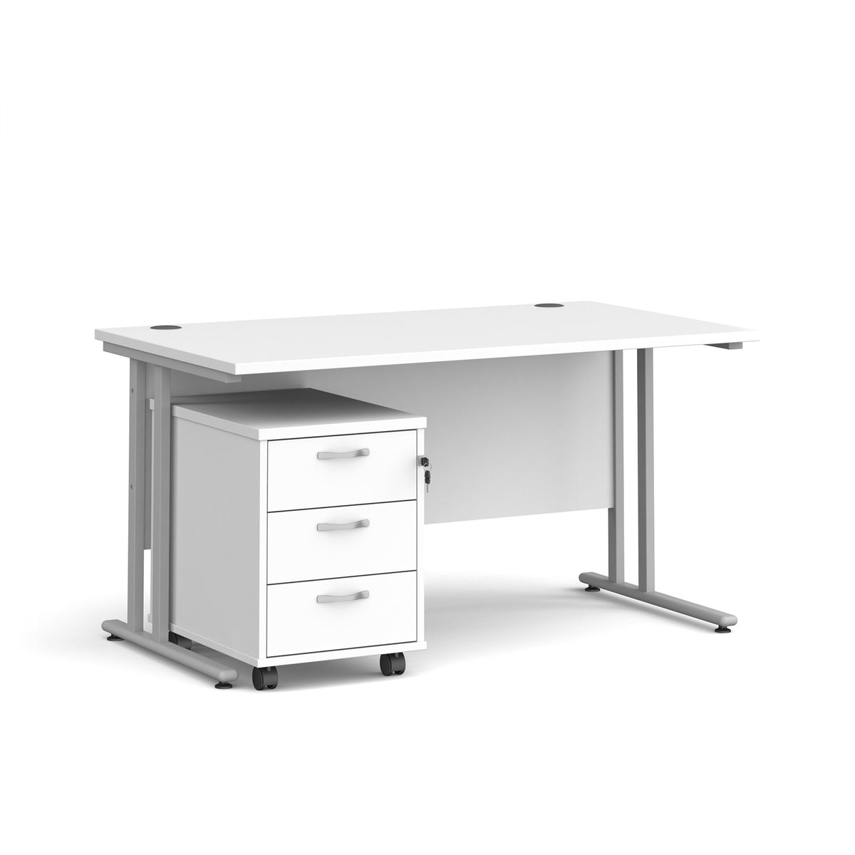 Maestro 25 straight desk 1400mm x 800mm with silver cantilever frame and 3 drawer pedestal - white - view 1