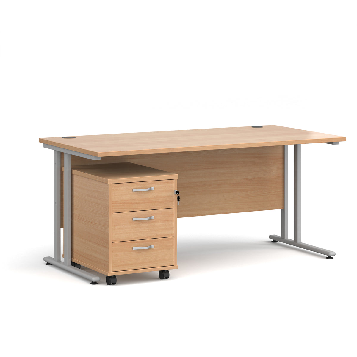 Maestro 25 straight desk 1600mm x 800mm with silver cantilever frame and 3 drawer pedestal - Beech - view 1